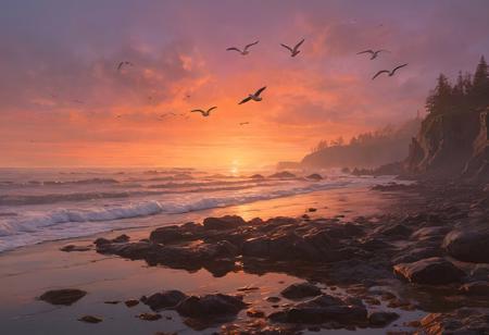 Rocky shoreline, with tide pools teeming with life and seabirds soaring above, warm orange and pink hues casting a beautiful glow, cinematic lighting, detailed digital painting by Aaron Blaise and Robert Bateman and Carl Runguis, 4k resolution, hyperrealistic rendering, ethereal atmosphere