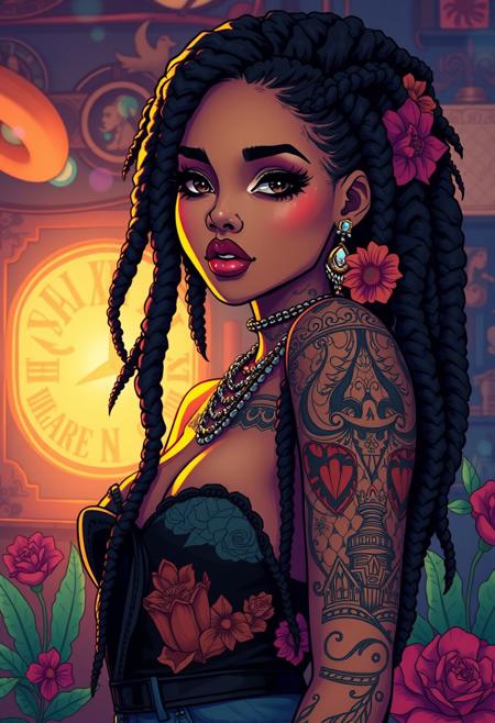 illustrated pretty (biracial) ((dreadlocks)) girl with tattoo vibes , featured in an illustration that is intricate, Detailed, and elegant, the artwork captures her in a vibrant and highly stylized environment, with smooth and sharp focus, showcasing the cutting-edge fashion trends, the lighting is dramatic, emphasizing the dynamic elements and creating a sense of wonder, illustrated by artists known for their bold and innovative styles, such as artgerm, Greg Rutkowski, and alphonse mucha.