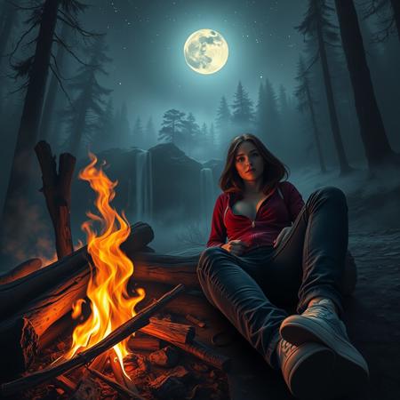 a serene and magical digital painting artwork: a woman resting near a crackling campfire in a moonless night, with a low viewpoint as if the viewer is laying beside the campfire, surrounded by mist and fog in a dark forest, a gentle waterfall in the background, dressed in long fitted jeans and a dark red zip-up hoodie, the zip-up hoodie is party open revealing cleavage, under a starry sky