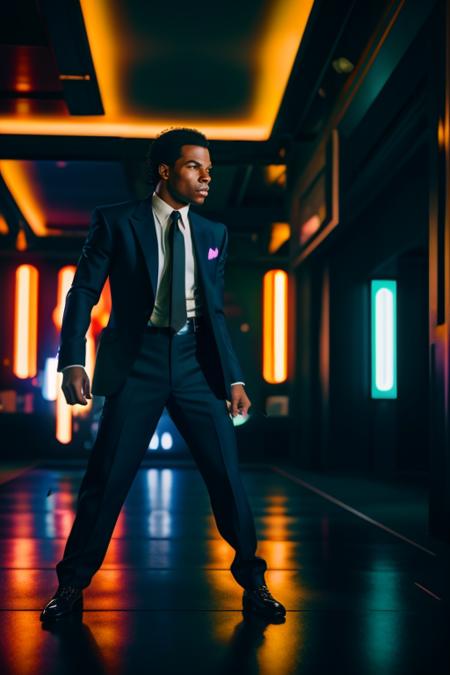 (masterpiece), best quality, ultra high res, medium shot, fighting pose, cyberpunk style, photo of a (young) handsome (smile512:0.5) rico_tubbs man in suit in tie, black Ferrariin background, action movie, rule of thirds, night city,(neon lights), photon mapping, radiosity, physically-based rendering, cinematic lighting, intricate, High Detail, Sharp focus, dramatic, photorealistic