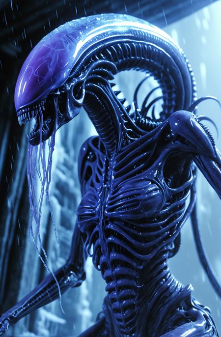 An ultra-detailed cinematic close-up of a terrifying Xenomorph Queen, her sleek, biomechanical exoskeleton encased in jagged, otherworldly ice. Cracks form along the translucent prison, revealing a deadly, pulsing bio-organic glow within. Her elongated skull is partially illuminated by refracted light, casting eerie blue and purple hues through the frozen layers. Tiny metallic filaments snake across her limbs, blending the organic horror with cybernetic enhancement. The scene is bathed in chilling mist, with frost particles catching the glow of distant alien moons. Hyper-realistic, atmospheric horror with sci-fi undertones.