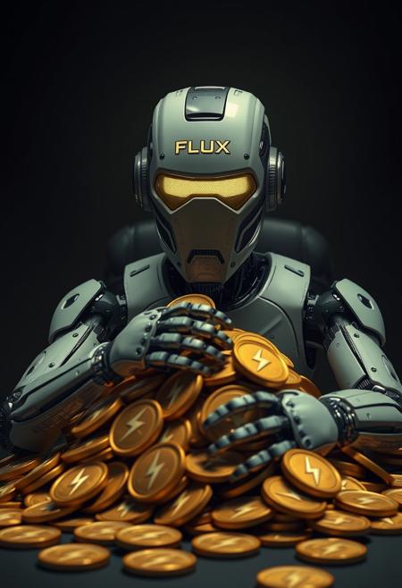 an android that looks almost human in a dark room with the word FLUX on its forehead sat at a table scooping a big pile of gold coins with lightning bolts embossed on them toward itself by wrapping its arms around them, similar to a greedy poker player raking a pile of poker chips.