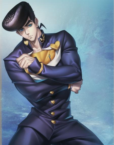 masterpiece, best quality, higashikata_josuke, 1boy, ((solo)), perfect face, perfect eyes, halfbody, male, blue eyes, black hair, closed_mouth, pompadour, school_uniform,  gakuran,  <lora:josuke4:0.8>  sakistyle, <lora:sakimiChanLora_v10:0.9>