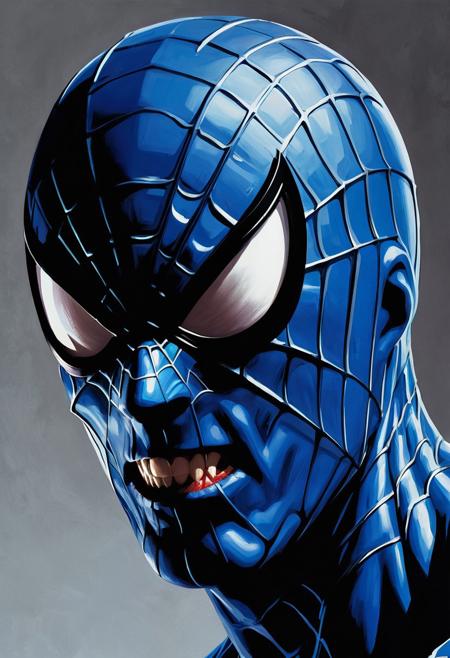 Alex Ross style painting of Spider-Man In A Ripped Mask with a maniacal, sinister grin, pale skin, eyes glaring forward with intense malevolence. The angle of the shot is an extreme close-up from the front, focusing on his face and capturing every wrinkle and detail of his twisted expression. The lighting is stark, casting shadows that emphasize the sharp contours of his face and the blue hue of his skin, against a dark background that heightens the menacing atmosphere.