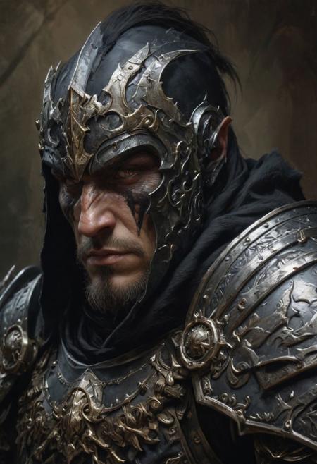 Warcraft Human knight warrior, Black over black, top light, masterful painting in the style of Anders Zorn | Marco Mazzoni | Yuri Ivanovich, Todd McFarlane, oil on canvas