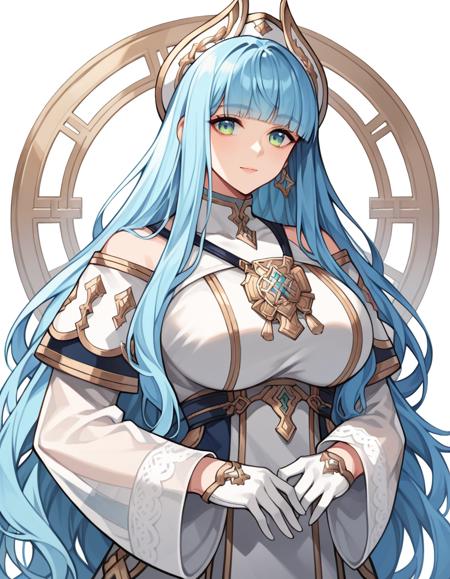  skyblue hair, blonde ombre, long hair, swprt bangs, side bangs, black back hair ornament, light green eyes, enya costume, cleavage, off shoulder, short sleeves, backless outfit