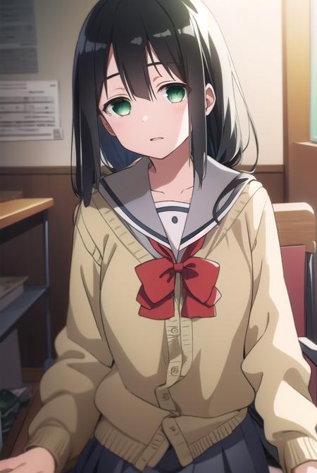 mimoritougou, <lyco:mimoritougou-lyco-nochekaiser:1>,
mimori tougou, long hair, (black hair:1.5), (green eyes:1.5),
BREAK skirt, long sleeves, school uniform, bow, bowtie, serafuku, red bow, cardigan,
BREAK looking at viewer,
BREAK indoors, classroom,
BREAK <lora:GoodHands-vanilla:1>, (masterpiece:1.2), best quality, high resolution, unity 8k wallpaper, (illustration:0.8), (beautiful detailed eyes:1.6), extremely detailed face, perfect lighting, extremely detailed CG, (perfect hands, perfect anatomy),