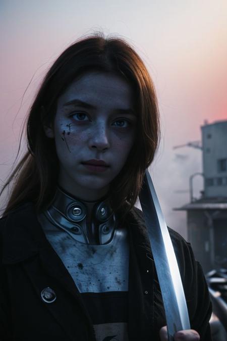 (Film still cinematic photography, tilt angle, bokeh, f-stop 2.5, 44mm, light leak, lomography:0.9), (hyperdetailed wasteland, industrial theme:1.0), end of the world, silent screams, ((exploding atmosphere:0.8), cybernetic man stalking deserted streets, facial focus, eye contact, detailed pupils:1.1), (body focus 1girl grappling with reality, chin up, chest out, in love with a sword, holding a sword parallel to her face, piercing blue eyes, surreal interpretation, sunny glare illuminating face, misty morning:1.3), (electric aura, blue aura, steel chrome and rust, pink aura:1.2), (sunset), (in the style of (Frank Miller:1.2), (Marta Bevaqua:1.4), (Hans Bellmer:0.8)),
<lora:RMSDXL_Creative:1.7>
<lora:epiCRealLife:0.8> <lora:Helper:0.8> <lora:epi_noiseoffset2:0.8> <lora:lowkey_v1.1:0.8> HyperSmoke, dark background, black background, dark theme
(Bad_pictures:1.3)