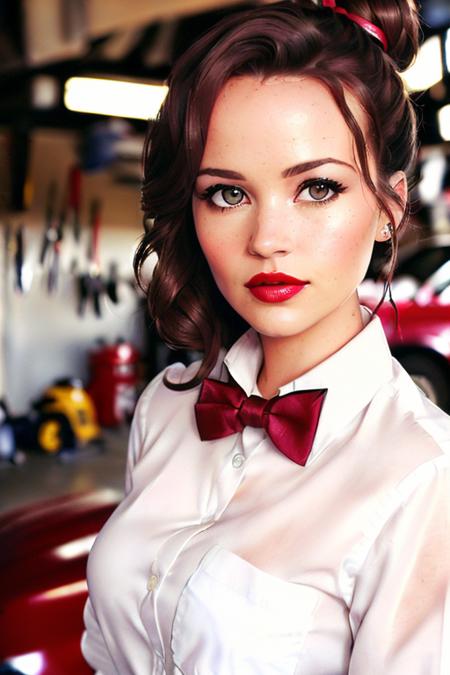 photo of a woman, carlaga:0.99,((hair up, hair in bun, dark brown hair)) ((bowtie, white shirt):1.2), ((closeup, portrait:1.2),((garage, tools):1.2),((red lipstick,eyeliner, eye shadow, blush)), ((best quality, masterpiece, extreme details, high resolution):1.2),((detailed eyes, beautiful eyes, detailed face, beautiful face):1.2)