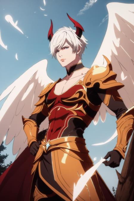 <lora:CREATED_ANIME_ShingekiNoBahamut_Lucifer_v01DanPend77_64dim:0.6>lucifer \(shingeki no bahamut\), 1boy, male focus, full body, white hair, horns, devil, demon, holy light, glowing outline, angel wings, feathered wings, dappled sunlight, nature background, forest, trees, blue sky, clouds, hand on hip, looking down, looking at viewer, armor, pedestal, sunbeam, intricate, detailed, filigree, 64K, f1.2, 800mm, UHD, dynamic lighting