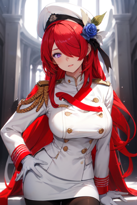 RheaRoss, 1girl, solo, long hair, large breasts, hair ornament, purple eyes, red hair, white gloves, hair flower, pencil skirt, hair over one eye, white military uniform, black pantyhose, mole under eye, buttons, blue rose, white jacket, double-breasted, 