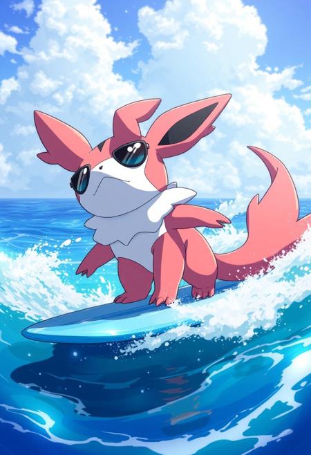 masterpiece, best quality, anime screencap, solo,   zzCharmeleon, surfing, ocean, sunglasses,     ,<lora:CharmeleonPokedex_IXL_v1:1.0>,