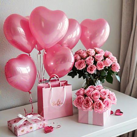 several heart-shaped balloons, a gift bag and a bouquet of pink roses on a table. Very realistic photography