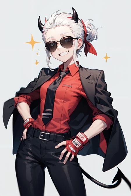 justice(helltaker), black horns, smile, tail, pants, black pants, white hair, grin, belt, sparkle, demon horns, red shirt, shirt tucked in, cowboy shot, necktie, tie clip, horns, sunglasses, simple background, fingerless gloves, black necktie, shirt, 1girl, black belt, black jacket, solo, demon girl, collared shirt, gloves, jacket, jacket on shoulders, short hair, hand on hip, demon tail, red gloves <lora:justice:1>