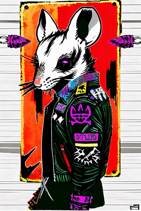 A rat with a spiked collar and a ripped denim vest emblazoned with anarchy symbols, sneers defiantly as it stands beside a spray-painted protest sign, embodying the spirit of punk resistance:1.5, rat with spiked collar:1.2, ripped denim vest:1.2, anarchy symbols:1.1, spray-painted protest sign:1.1, spirit of punk resistance:1.1. , anipunks