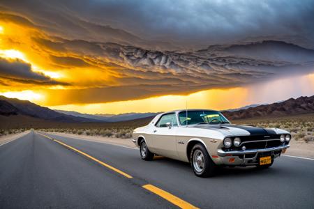 ((best quality)), ((masterpiece)), ((realistic)), (detailed),4K, absurdres, HDR, photography
periwinkle Plymouth Cuda AAR, 440 Six-Pack, 426 Hemi driving on the highway throught the death valley desert, chrome, glossy chassis, dramatic scene, thunderstorm with lightnings at the horizon, dramatic angle, low angle, (focus car:1.2), (motion blur:1.1), wide angle, dust cloud behind the cas, car moving at high speed, car in the centerâââ