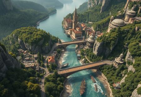 view from above, (accurate architecture, 3 point perspective) (masterpiece hyperrealisitic, medium format camera shot, fantasy concept art 8k, high quality, detailing, textures)  Imagine a perfect fantasy metropolis,  by the river and a part of a large fantasy hyperrealisitic bustling port town city nestled between a verdant, ancient forest, encircled by cliffs and city bridges across the river used for logging, taking it to the perfect pirate ships and the crashing waves of the vast, unexplored ocean.