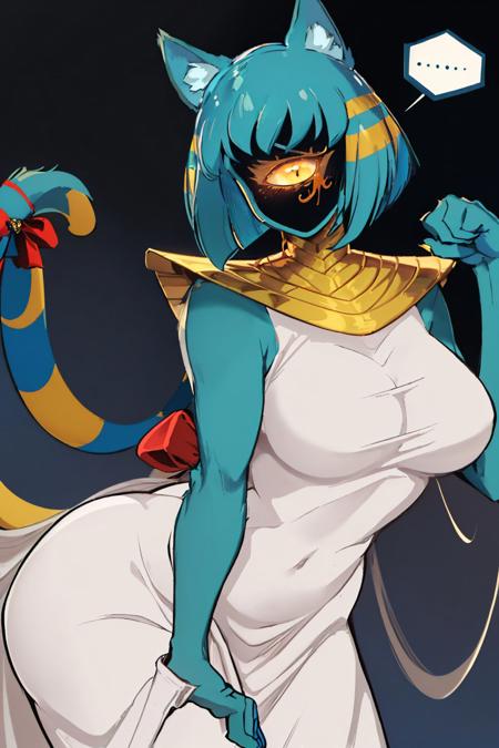 (masterpiece, best quality:1.2), <lyco:suckerforlove_nyanlathotep-11:1.0>, solo, 1girl, nyanlathotep, colored skin, one-eyed, (spoken squiggle, anger vein:1.1), paw pose, egyptian clothes, white dress, tail, tail ribbon