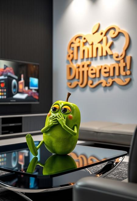 In a sleek, modern living room, an anthropomorphic green apple with expressive features—arms, legs, and a curious face—sits comfortably on a stylish, futuristic glass and chrome coffee table. The green apple has large, thoughtful eyes, with a small smile, as it intently watches a large wall-mounted TV. On the screen, an Apple computer commercial plays, featuring sleek products and bright, vivid colors in Apple’s signature minimalist style. The apple seems engrossed, almost as if reflecting on the innovation showcased.
The apple’s hands rest on its chin as if deep in thought, and one leg dangles off the edge of the table, creating a relaxed, yet intrigued posture. Behind the apple, a giant, meticulously designed cardboard sign with “Think Different!” written in bold, artistic typography hangs prominently on the wall. The sign is highly detailed with intricate, laser-cut designs and elegant curves, blending luxury with creativity. Its colors shift in subtle gradients, and it features metallic accents that catch the light from the TV’s glow.
The room itself is a mix of modern and tech-inspired decor—smooth concrete walls, ambient LED lighting, a soft leather sofa, and minimalistic furniture pieces, all bathed in the soft glow of the commercial. The apple’s glossy green skin reflects the light, and its form is seamlessly integrated into the futuristic, tech-savvy environment, as if personifying the fusion of nature and innovation.