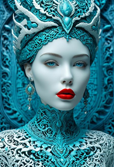 A female character features a porcelain face and red lips, set against the backdrop of a hyper-realistic sci-fi style. The composition is dominated by turquoise and blue hues, with intricate patterns and details to highlight the epic fantasy scenes. Capture the essence of hyper-realistic portraits, while emphasizing contrasting shadows for a dramatic effect. Incorporate junglecore elements to heighten the overall atmosphere of the piece.