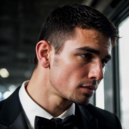 DSLR photo of anthutton person using a tuxedo.face side portrait.in blade runner.daylight.professional photography.high resolution.detailed photo.RAW.still film.f/16.uhd.hdr.4k <lora:anthutton_59850:1>
