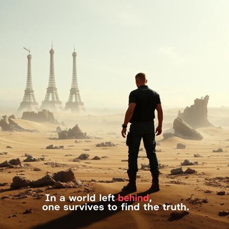 Poster Concept: The character stands amidst a desolate, ruined landscape. In the distance, the remnants of iconic places (like the Eiffel Tower or Statue of Liberty) are half-buried in sand. The tagline could read, "In a world left behind, one survives to find the truth."