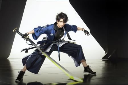 <lora:AkiFrontline:.7>1boy, male focus, gloves, sword, weapon, solo, black gloves, hair over one eye, full body, katana, jewelry, holding, jacket, looking at viewer, black footwear, short hair, black hair, japanese clothes, hakama, holding weapon, earrings, black shirt, shirt, holding sword, belt, necklace, standing, brown hair, boots, smile, black eyes, brown eyes, long sleeves, sheath, bangs, blue jacket, wide sleeves, closed mouth, zipper, skirt, hakama skirt, shaded face , extremely detailed, (dynamic pose), <lora:shadedFaceEyesIn_shadedFace:.2>