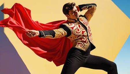 dramatic matador in ornate gold-embroidered jacket, tight black pants, looking down to his left with intense concentration, holding a red cloth swirling dramatically, graceful dancer-like pose, one arm extended holding cloth, body twisted in elegant motion, traditional Spanish bullfighter outfit,, vibrant acrylic painting style, bold flat colors, clean geometric compositions, bright California sunlight, crisp shadows,  saturated color palette, smooth gradients, minimal detail work, contemporary pop art influence, architectural precision, optimistic 1960s atmosphere,