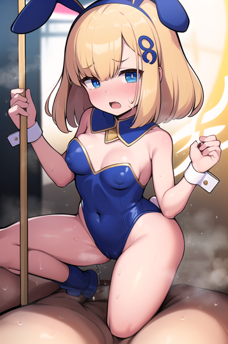 loli blue eyes medium hair pointy breasts blonde hair blue musical note hair ornament musical equalizer shine wings long sleeves,blue skirt,blue hat,navel music troupe