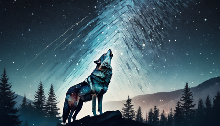 surreal double exposure portrait of a beautiful howling wolve in dark mountain forest scenery against star trail starry night, by Dave White, Conrad Roset, Brandon Kidwell, Andreas Lie, Dan Mountford, Agnes Cecile, triadic colours, thick opaque strokes, accurate depth of field, hyper detailed, whimsical, dynamic, dreamy masterwork