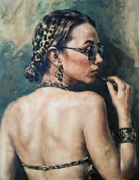 art by Milo Manara and Frank Thorne, painting, shot from behind of a [Qing Dynasty|Western] (Woman:1.2) , wearing Memory Fabric and Laser-Cut Leather, Kneeling, Deteriorating Glasses Chain, Hopeful, Romanesque, side light, F/5, cheetah print color grading, highly detailed face, matte skin, trending on CGSociety, oil on canvas style <lora:OIL_PAITING_ON_CANVAS_v2:0.85>