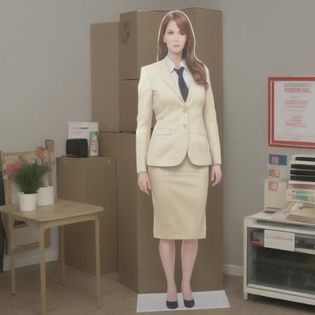 highly realistic single adult woman standing up cardboard cutout, inanimate <lora:glossyphotov3-notfullytrained:0.7>