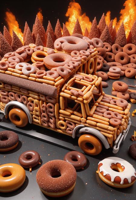grand Photograph, highly detailed, extreme close-up shot of a Prehistoricore Pictorial (d0nu71f13d,made of doughnuts,score_9, score_8_up, score_7_up, score_6_up, doughnut fire truck, made entirely of donuts:1.3) , Intensive Strait in background, lush street with Holly, Bathed in shadows, deep focus, Sketch, Depressing, Realism, Accent lighting, Intentional Camera Movement, Phase One XF IQ4 150MP, F/1.8, complementary colors, Luminism, Rust explosions, masterpiece, illustrious