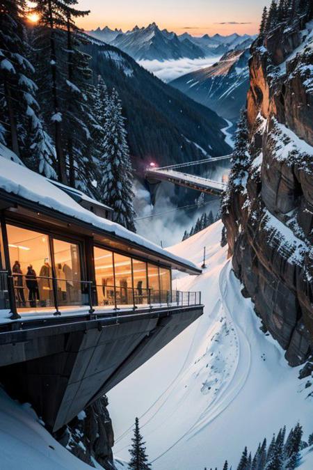 photo, fantastic futuristic ski resort building on the top of a high cliff, with gray and orange decoration, smooth lines, the sun is reflected in the mirrored windows,
people walking along a high suspension bridge in the mountains,
Swiss Alps, winter, sunset, full body