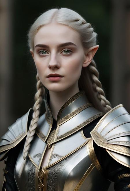 1girl 18 yeas, elf, slender, pale skin, goosebumps, very long gold and silver hair, triple braids,  light grey eyes, (small pointed ears:1.3),
Milanese plate armor, black gauntlets, dnd character portrait, intricate, analog photograph, masterpiece, expertly crafted, incredibly detailed, 8k resolution, 
 (By Alice Pasquini, by Aliza Razell:0.8), low angle shot, Cinematic Hollywood Film style a young woman, 18, sensually dynamic pose ,
