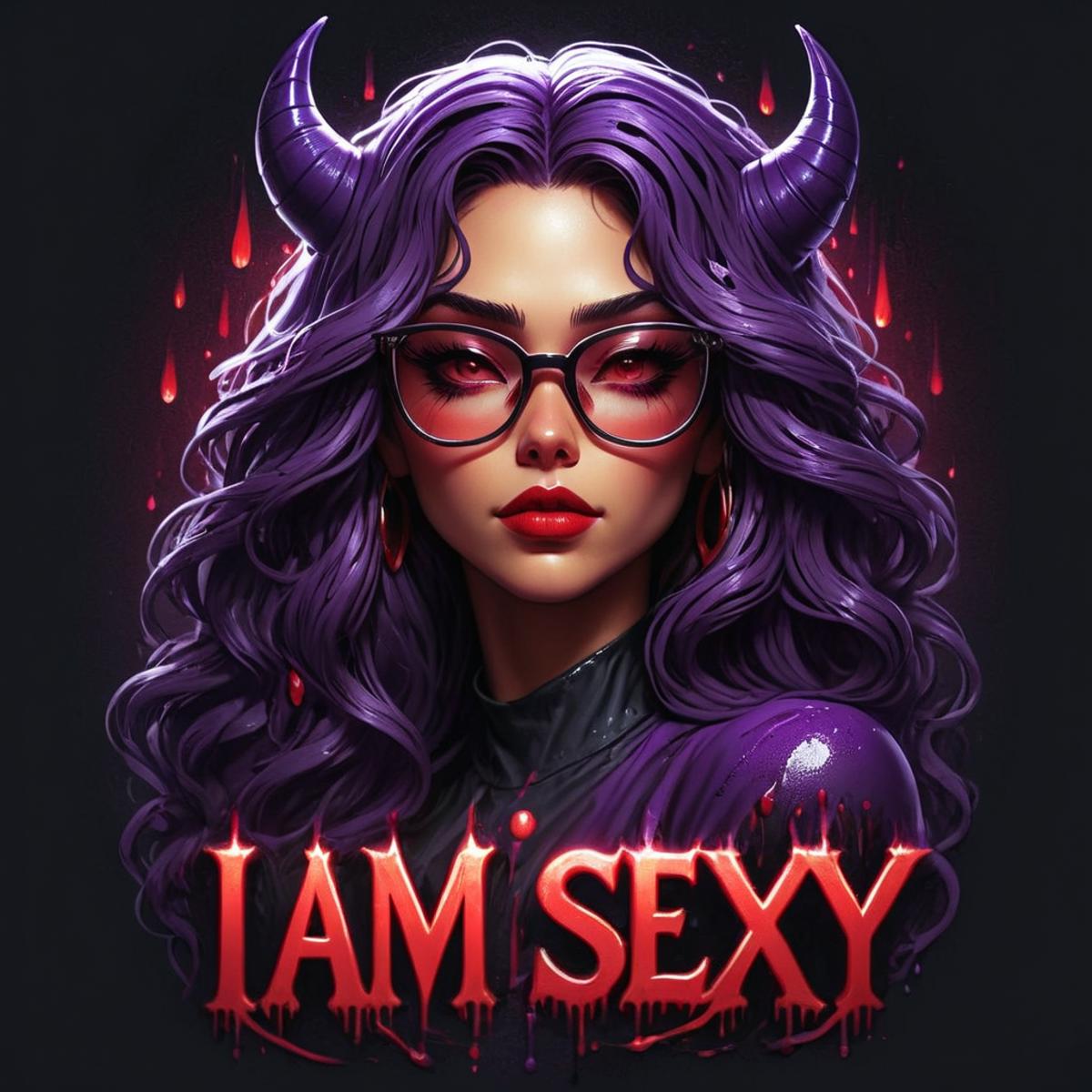 Positive prompt:
("I am SEXY" large text logo:1.3), purple, red, black background, dripping style,  hell, (horned demon gi...