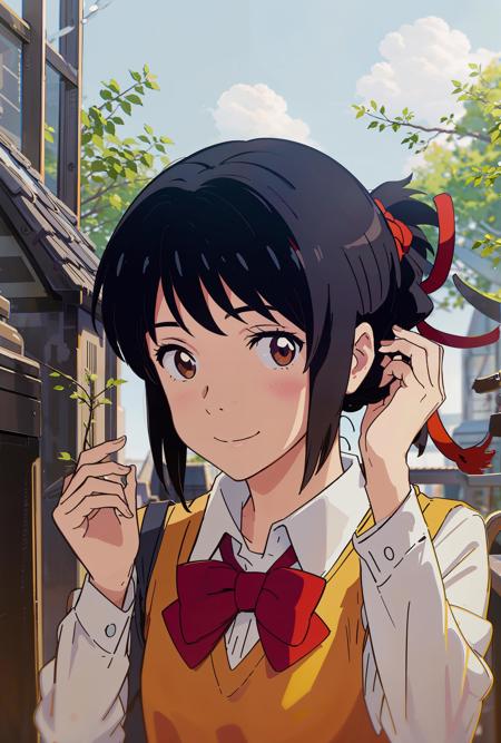 <lora:miyamizu_mitsuha:0.7>,miyamizu_mitsuha,1 girl,solo,(upper body),(smile),(holding hair:1.2),looking at viewer,red bowtie,yellow school uniform,white t-shirt,black school skirt,outdoors,(light rays:1.2),(sun:1.2),(blue sky:1.1), park,flowers,lawn,trees,