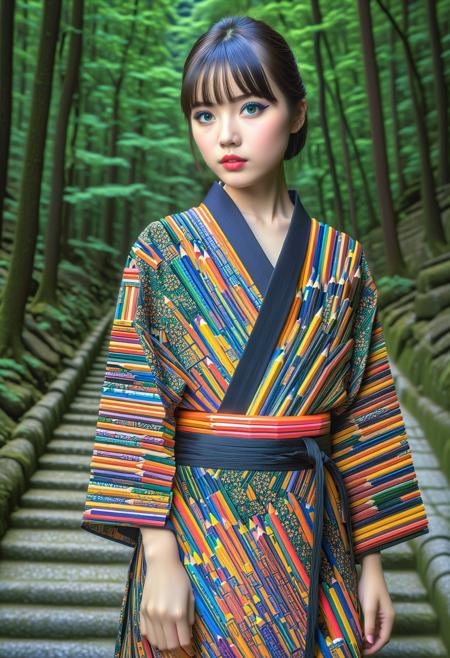 masterpiece, best quality, ultra detailed, HDR, photorealism, sfw, A girl, black mini yukata, pretty face, (the patterns appear like layers of colored pencils:1.35), the girl looking at camera, landscape, nature, forest, japanese mountainside, night, HDR, pale skin, (black bold eyeliner, makeup:1.1334), very detailed radiant eyes, detailed lips, detailed face, cute, pretty, bangs, posing elegantly, in shinto temple, the backdrop should be of a forest, it should be at night, fullbody shot, <Pencil_morph_style-000008:1.55>