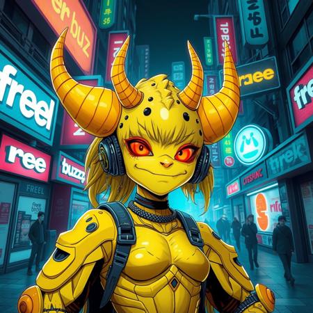 A yellow cyberpunk oni monster girl in a futuristic city surrounded by shops that say "free buzz" and she is happy