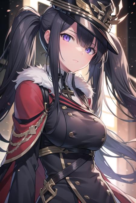 peterstrasser, <lora:peterstrasser-lora-nochekaiser:1>,
peter strasser, black hair, hair over one eye, long hair, one eye covered, (purple eyes:1.1), twintails,
BREAK armored boots, black coat, black footwear, black ribbon, boots, buttons, cape, coat, fur trim, fur-trimmed cape, gloves, hat, high heels, military hat, peaked cap, red cape, ribbon, stiletto heels, white gloves, white headwear,,
BREAK looking at viewer,
BREAK indoors,
BREAK <lyco:GoodHands-beta2:1>, (masterpiece:1.2), best quality, high resolution, unity 8k wallpaper, (illustration:0.8), (beautiful detailed eyes:1.6), extremely detailed face, perfect lighting, extremely detailed CG, (perfect hands, perfect anatomy),