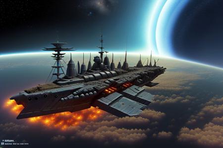 a space pirate battleship among the ruins of an advanced, futuristic city