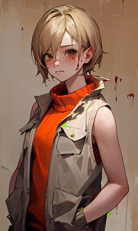 masterpiece, high-detailed:1.2, heathersh3, heather mason, silent hill 3, young adult, 1girl, short blond hair, (white vest with pockets and orange sweater under it), freckles:0.3 , portrait, character, brown eyes, bare shoulders, , old tiles with blood background, grunge,<lora:HeatherMasonSH3:0.90>