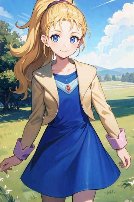 masterpiece,best quality,illustration,beautiful detailed girl, highres,1girl,<lora:GoodHands-beta2:1:lbw=MIDD>,<lora:krile ff5:1>,krile ff5,blue eyes,jacket,blue dress,cowboy shot,smile,standing, grass, blue sky,looking at viewer