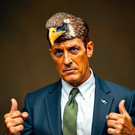 A disgusting man in a suit with fake tan who has a floppy eagle instead of hair