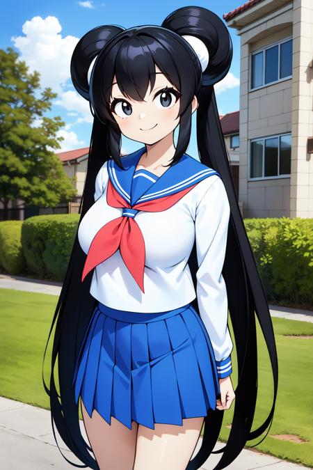 harashima_rodyami, black eyes, black hair, very long hair, double bun, twintails, sidelocks, red necktie, green apron, collared shirt, sleeves rolled up, white shirt, blue pants,