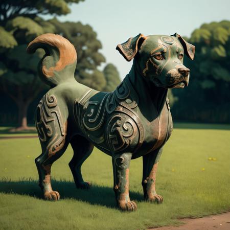 a (bronzecd) dog, standing on lawn, (solo:1.2), <lora:bronzecd-000009:0.7>, no humans, high quality, masterpiece, realistic, photorealistic, (outdoors, lawn)