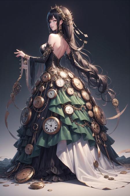 <lora:wrenchclockworkcharm:1>, wrenchclockworkcharm, long hair, gown, solo, light smile, simple background, (green dress:1.1), layered dress, black hair, from behind,