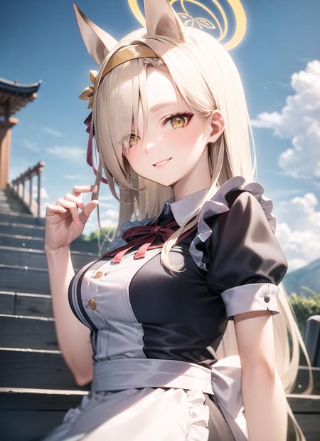 <lyco:kaho1-000007:1.0>, kahornd, upper body, smile, blush, outdoors, day, simple background, blue sky, sky, temple, looking at viewer, stairs, mountain, moody lighting, facing viewer, white headwear, black thighhighs, apron, maid headdress, maid outfit,