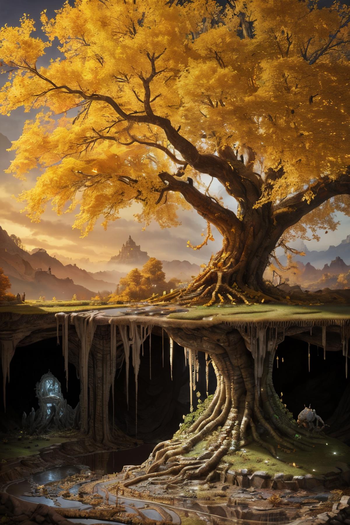 A fantastical scene of a tree with a cave underneath it, surrounded by misty mountains and icy water.