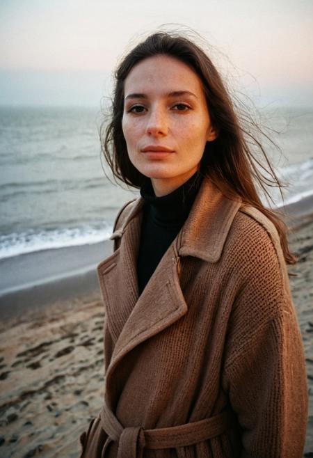 A beautiful 35mm photo of a 30 year old Dutch woman, polaroid photo style, ((turtleneck sweater)), ((leather trenchcoat)), ((full body:1.2)), polaroid film style, she has a comely face, shy smile, in love, pale skin, very dark eyes, chocolate brown hair, straight hair, 70's fringe, beautiful mouth, long face, narrow chin, freckles on nose, birthmarks on stomach, she is slim, natural tits, perfectly shaped tits, pubic hair, ultra realistic, extremely detailed, highly detailed eyes, realistic eyes, highly detailed skin, realistic skin, on the beach at the Dutch coastline, foggy 
cloudy, beautiful lighting, soft natural light, golden hour light, perfect light, Rembrandt style light, 8k resolution, masterpiece, 35mm,Camera="Hasselblad X1D 50c", Lens="Hasselblad XCD 90 mm f/3.2 ", "Aperture-of=f/2.8", "ISO=100", film grain, (ultra high res:1.2),(photo-realistic:1.3) (skin pores:1.1)